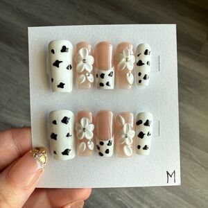 Handmade Floral Cow Print Press-On Nails - Nude & White